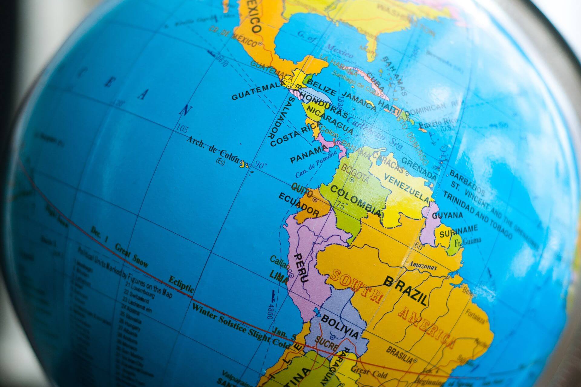 South America on the globe map
