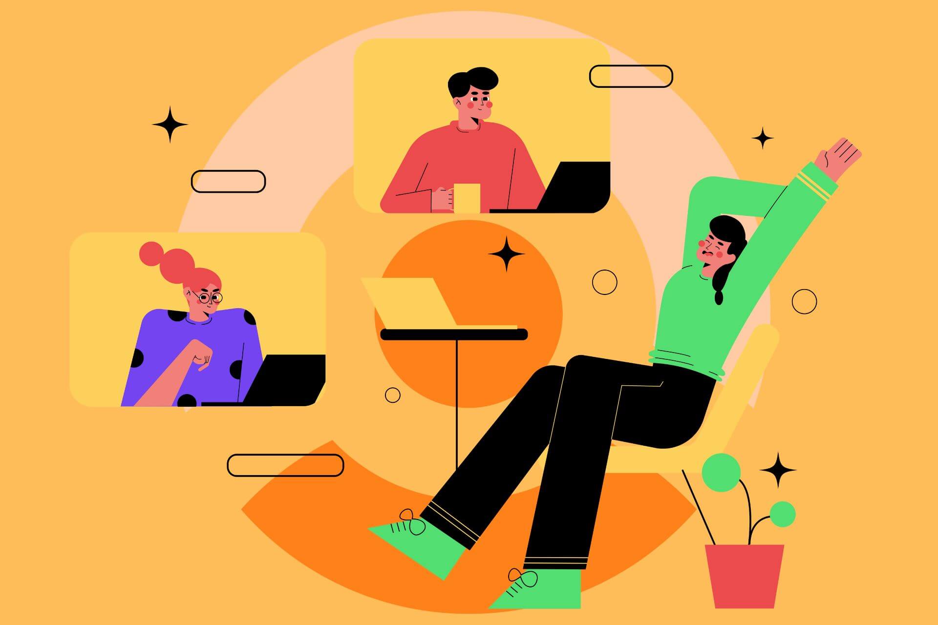 An illustration of developers collaborating remotely.