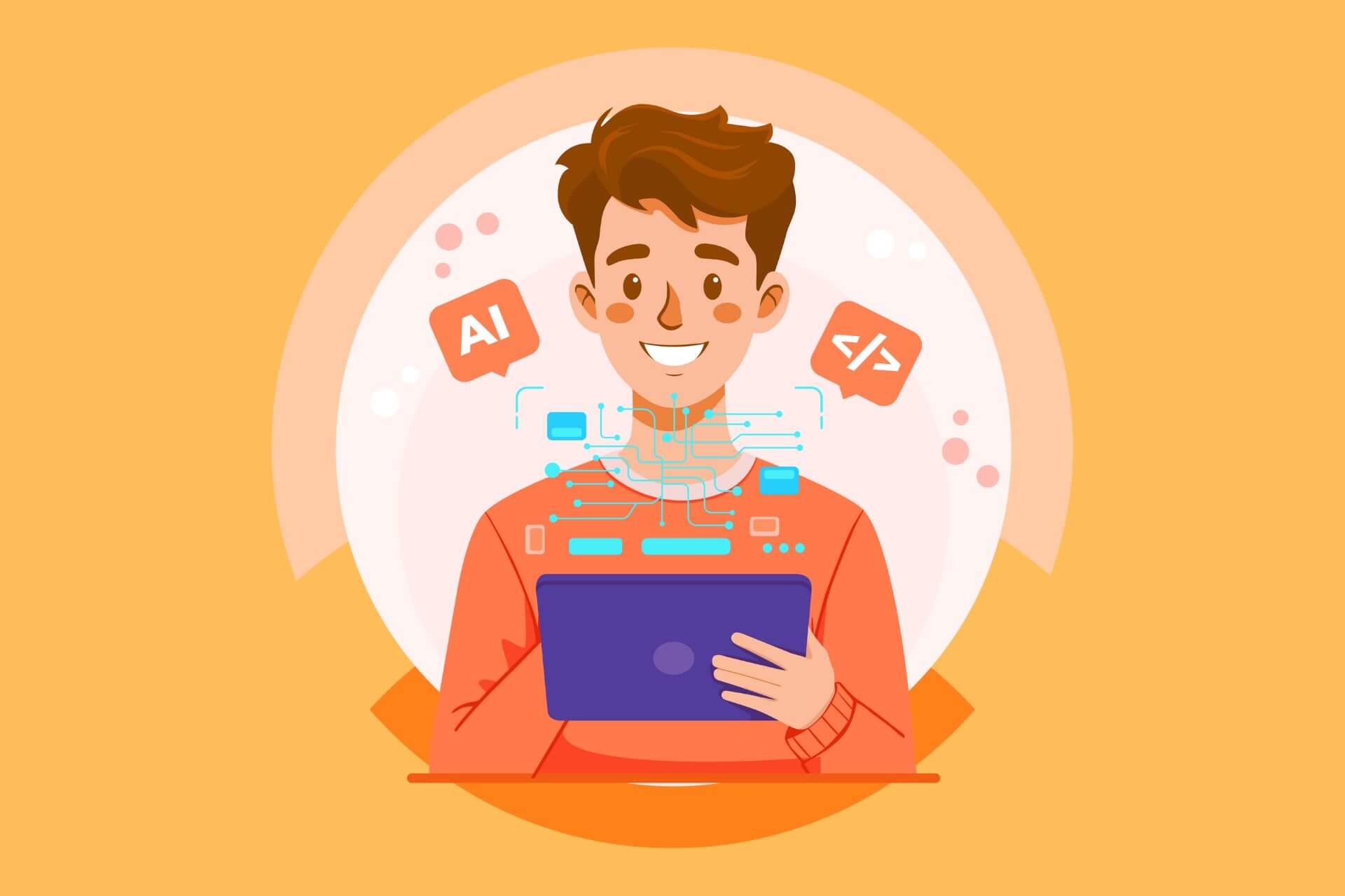 An illustration of a programmer working on his tablet.