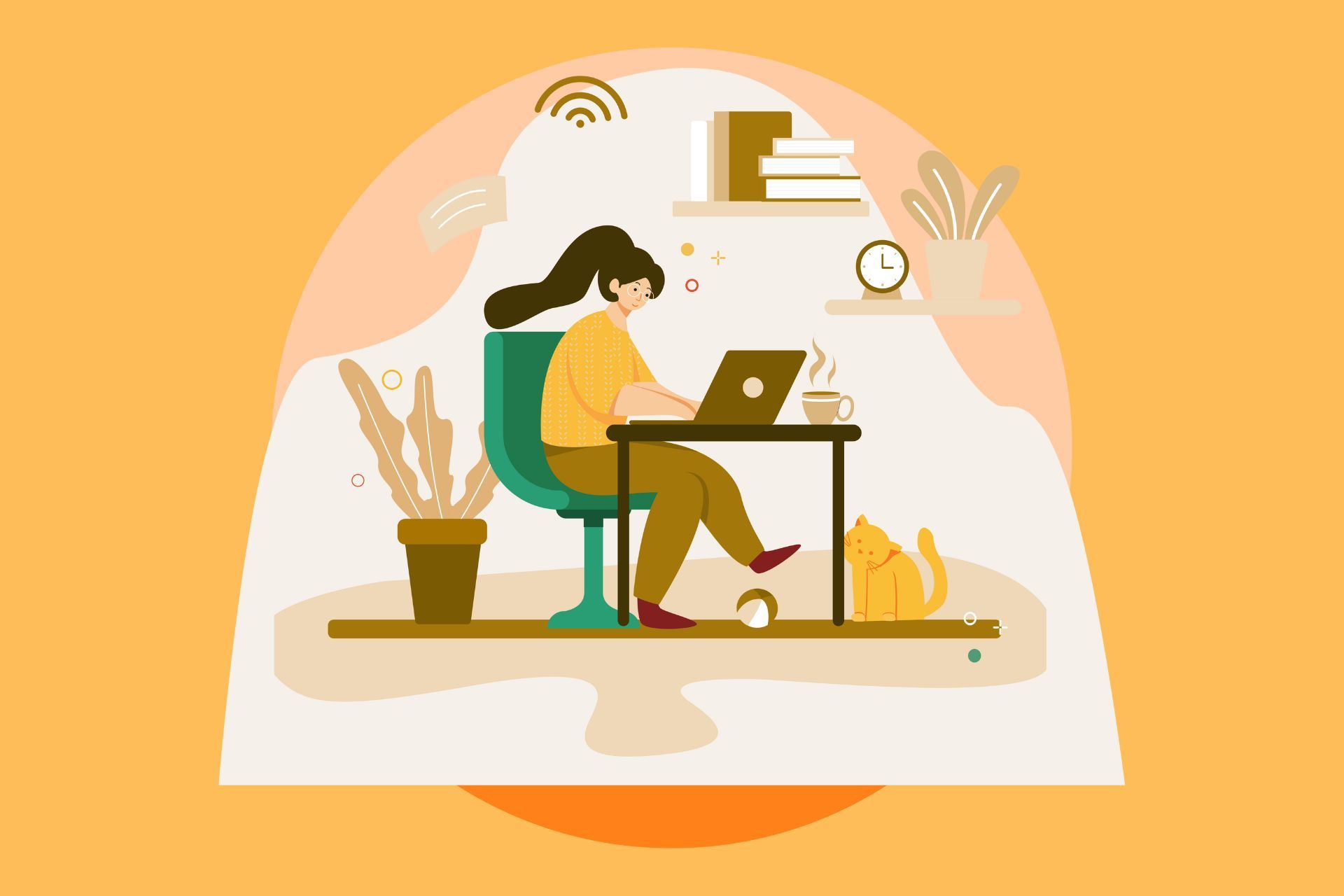 Illustration of a female remote worker at her desk.