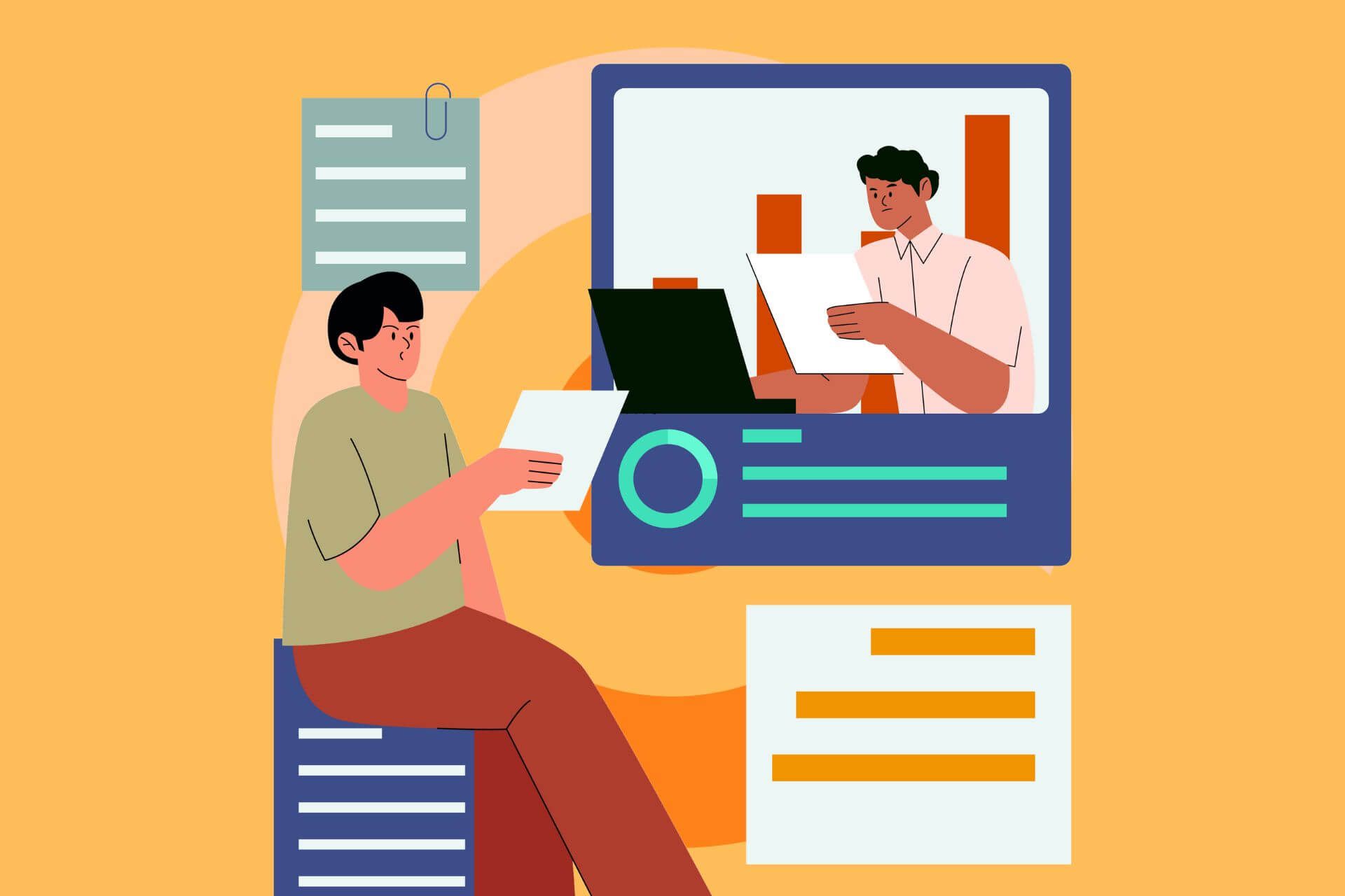 Illustration of remote work collaboration between two employees