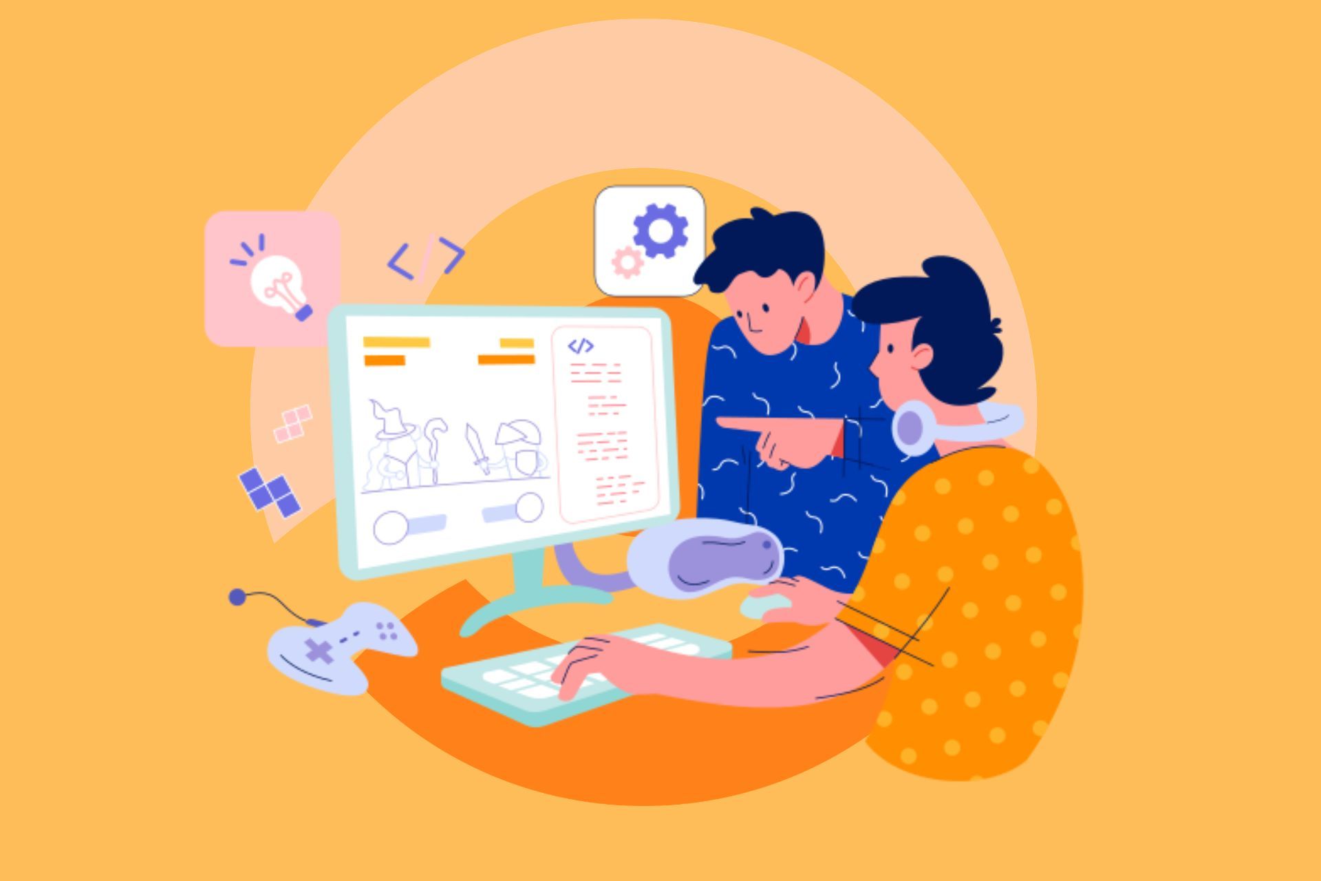 Illustration of two developers working on a project.